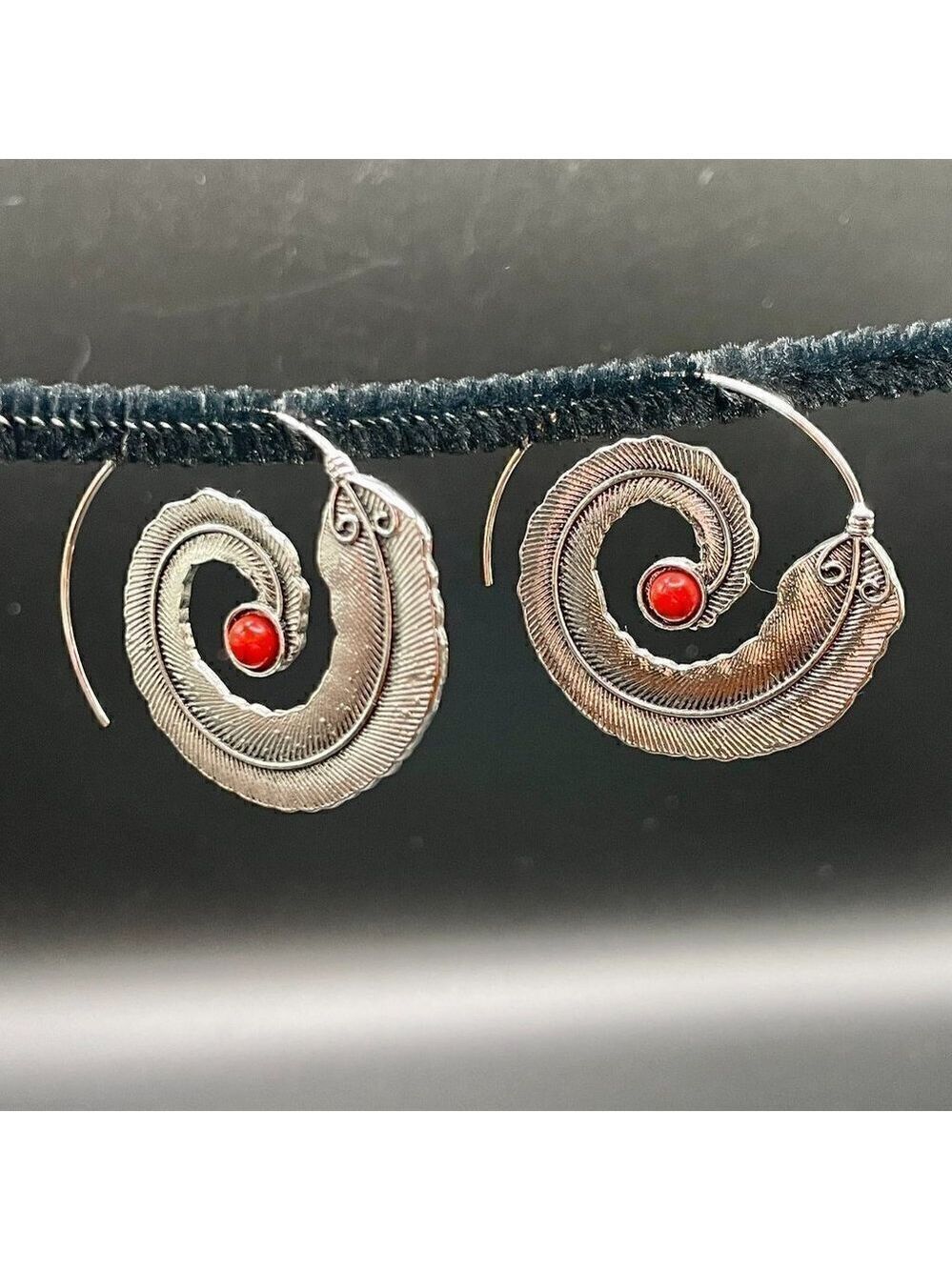 Large Silver Feather Spiral Earrings in Red or Turquoise Blue #630